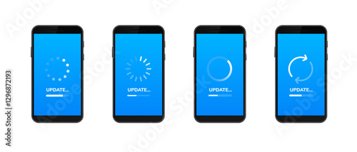 Four smartphones show different loading animations while undergoing software updates.