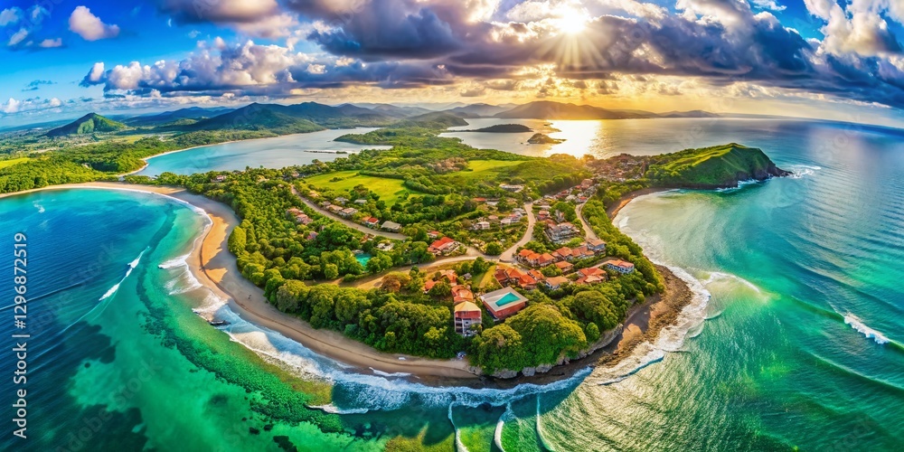Obraz premium Surreal Panoramic Aerial View of Tamarindo, Costa Rica: Vibrant Coastal Town Dreamscape