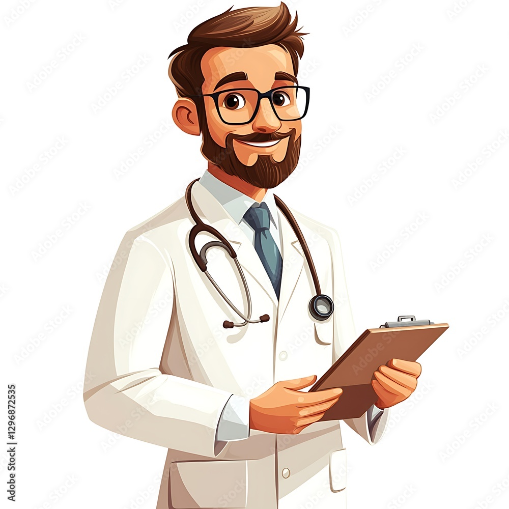 Portrait of a Medical Professional: An illustration of a friendly doctor with a stethoscope around his neck holds a clipboard, ready to provide care and support. Portrait of a Medical Professional: An illustration of a friendly doctor with a stethoscope around his neck holds a clipboard, ready to provide care and support.