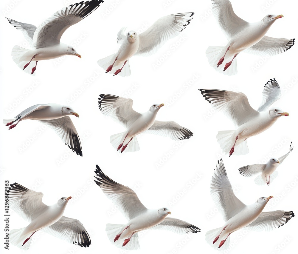 Obraz premium Collection of White Seagulls in Flight Captured on White Background, Showcasing Graceful Movements and Feather Details with Delicate Wings and Beaks