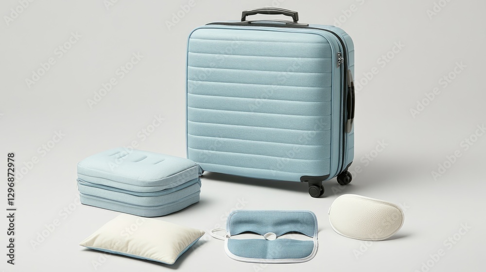 Neatly organized travel essentials with a rolling suitcase, pillow, and an eye mask on a soft gray background. Neatly organized travel essentials with a rolling suitcase, pillow, and an eye mask on a soft gray background.