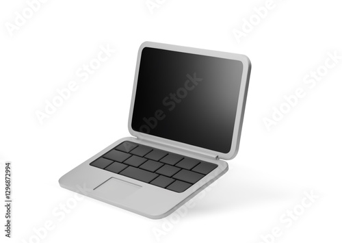 3d cartoon laptop with dark screen, sleek silver body and black keys, isolated on white background. Design element for digital technology, business, communication. Vector illustration of 3d render.