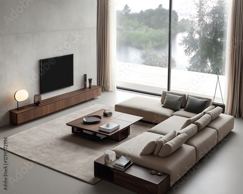 sleek and minimalist modern living room with neutral tones features large sectional sofa, low wooden coffee table, and wall mounted TV, all set against backdrop of large windows overlooking serene