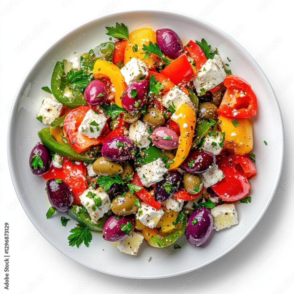 Vibrant 8K image of Bell Pepper Salad on white plate Vibrant 8K image of Bell Pepper Salad on white plate