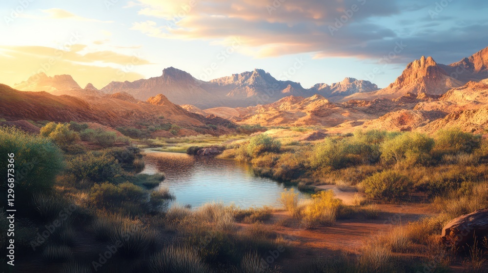 A scenic landscape showing mountains and a tranquil body of water A scenic landscape showing mountains and a tranquil body of water