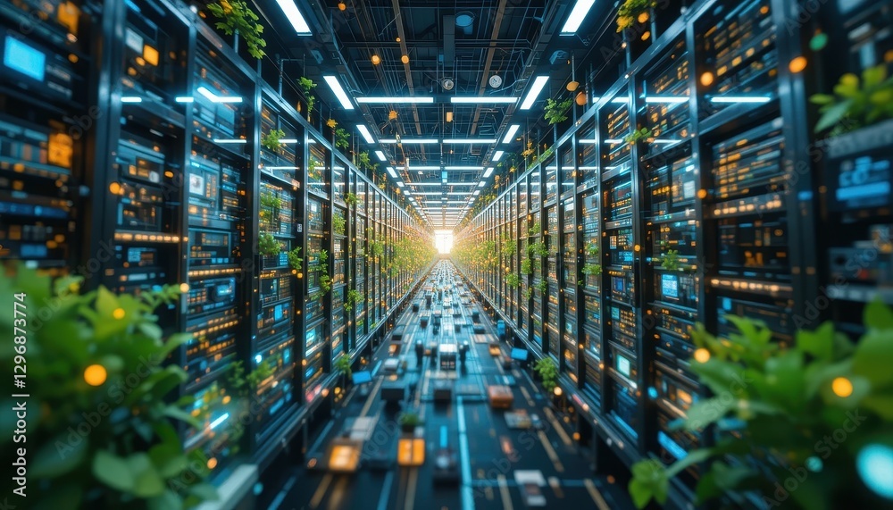 Obraz premium Futuristic Green Data Center Servers Corridor Eco Friendly Technology Sustainable Network Infrastructure
