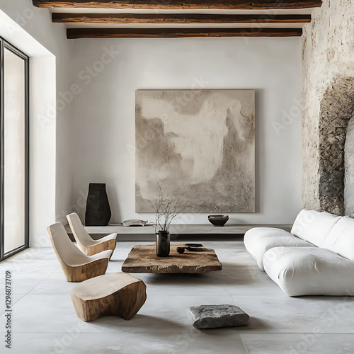 minimalist living room with white walls features low profile sofa, rustic wooden furniture, and large abstract painting, creating serene atmosphere