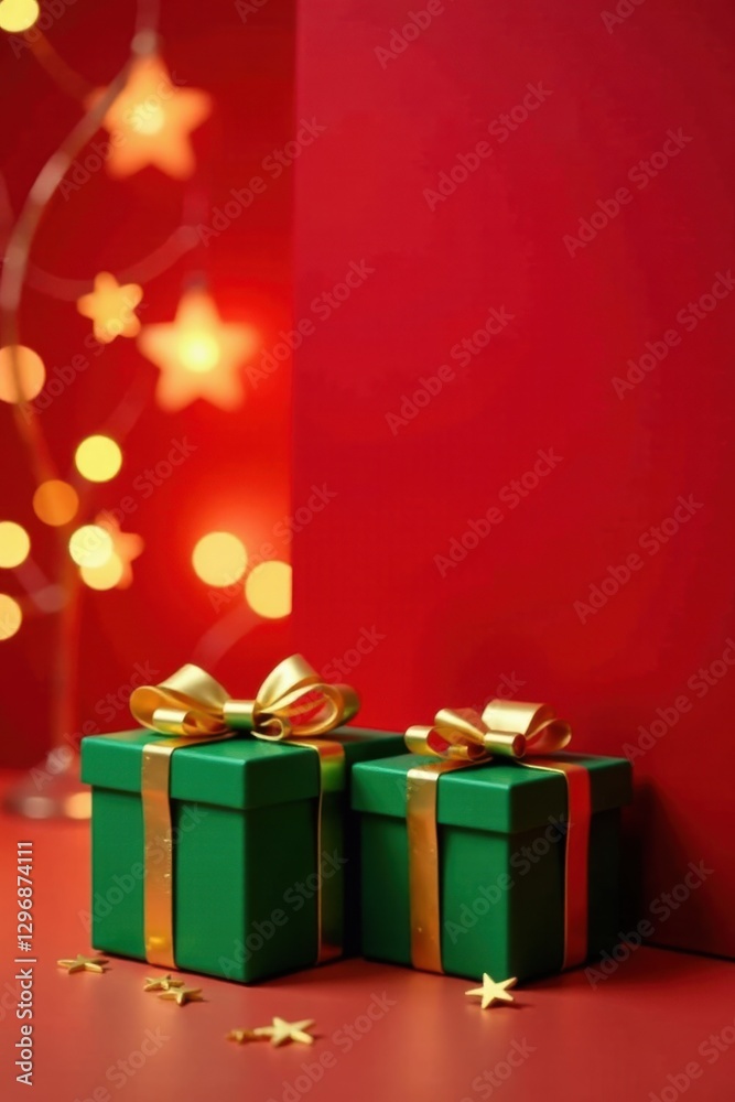 Fototapeta premium Festive Green Presents with Gold Accents and Sparkling Star Lights on Red Background