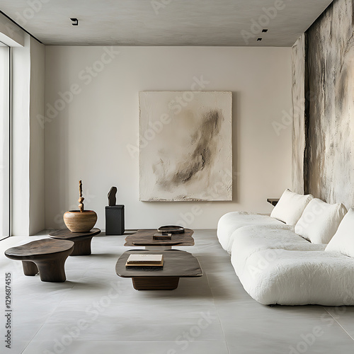 minimalist living room with white walls features low profile sofa, abstract art, and wooden tables, creating serene and modern atmosphere