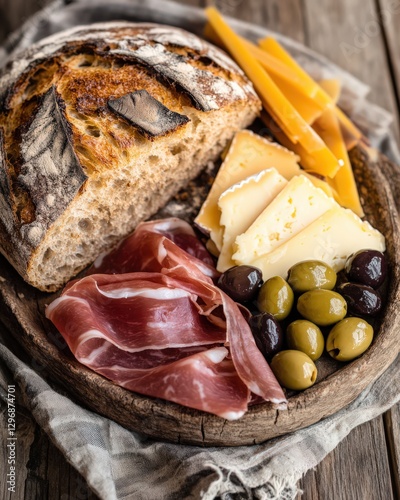 Rustic Table Setting with Sourdough Bread, Cheese, Prosciutto, and Olives