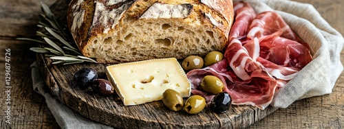 Rustic Table Setting with Sourdough Bread, Cheese, Prosciutto, and Olives