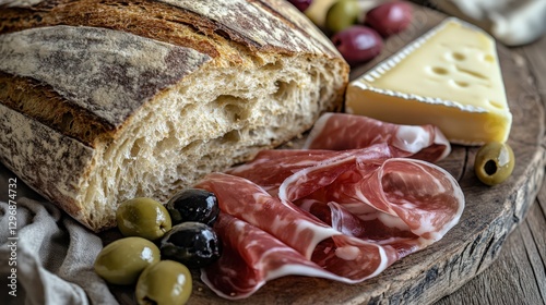 Rustic Table Setting with Sourdough Bread, Cheese, Prosciutto, and Olives