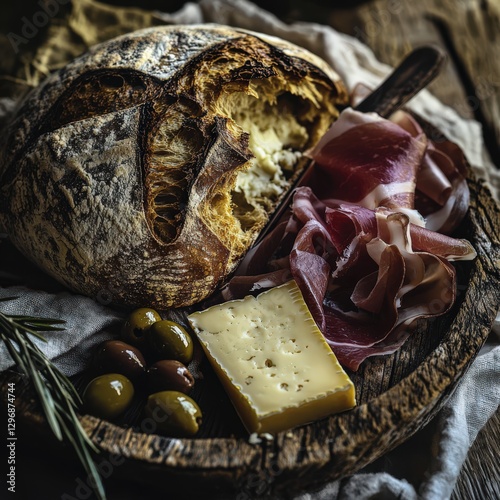 Rustic Table Setting with Sourdough Bread, Cheese, Prosciutto, and Olives