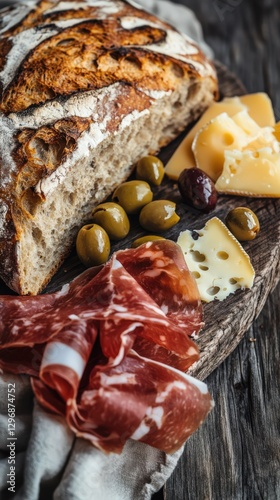 Rustic Table Setting with Sourdough Bread, Cheese, Prosciutto, and Olives