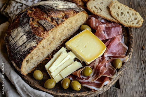 Rustic Table Setting with Sourdough Bread, Cheese, Prosciutto, and Olives