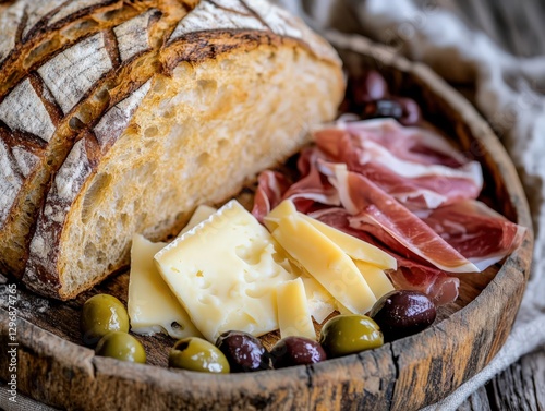 Rustic Table Setting with Sourdough Bread, Cheese, Prosciutto, and Olives