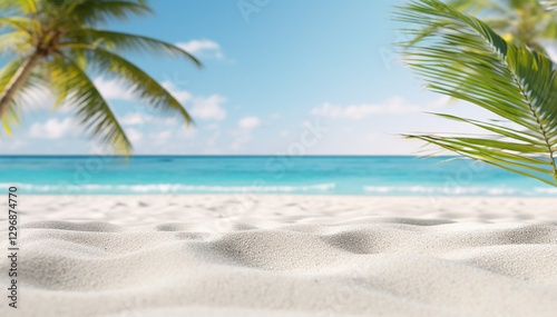 Fototapeta Naklejka Na Ścianę i Meble -  White sand closeup. Summer white sand beach background. Framed copy space with palm trees and beautiful sea ocean landscape. Summertime holidays vacation. Trip to island beach. Tropical traveling.