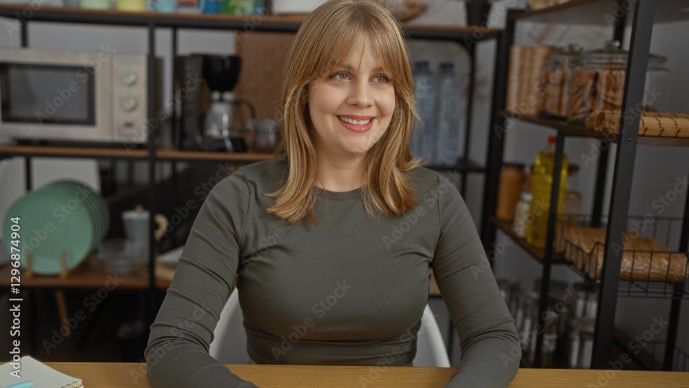 Woman smiling indoors in casual workplace setting with shelves and kitchen items hinting at comfortable modern home office environment ideal for lifestyle or work-related themes. Woman smiling indoors in casual workplace setting with shelves and kitchen items hinting at comfortable modern home office environment ideal for lifestyle or work-related themes.