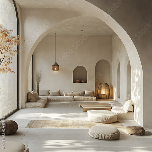 serene interior with simple geometric shapes and neutral colors, featuring arched walls, cozy seating, and natural light