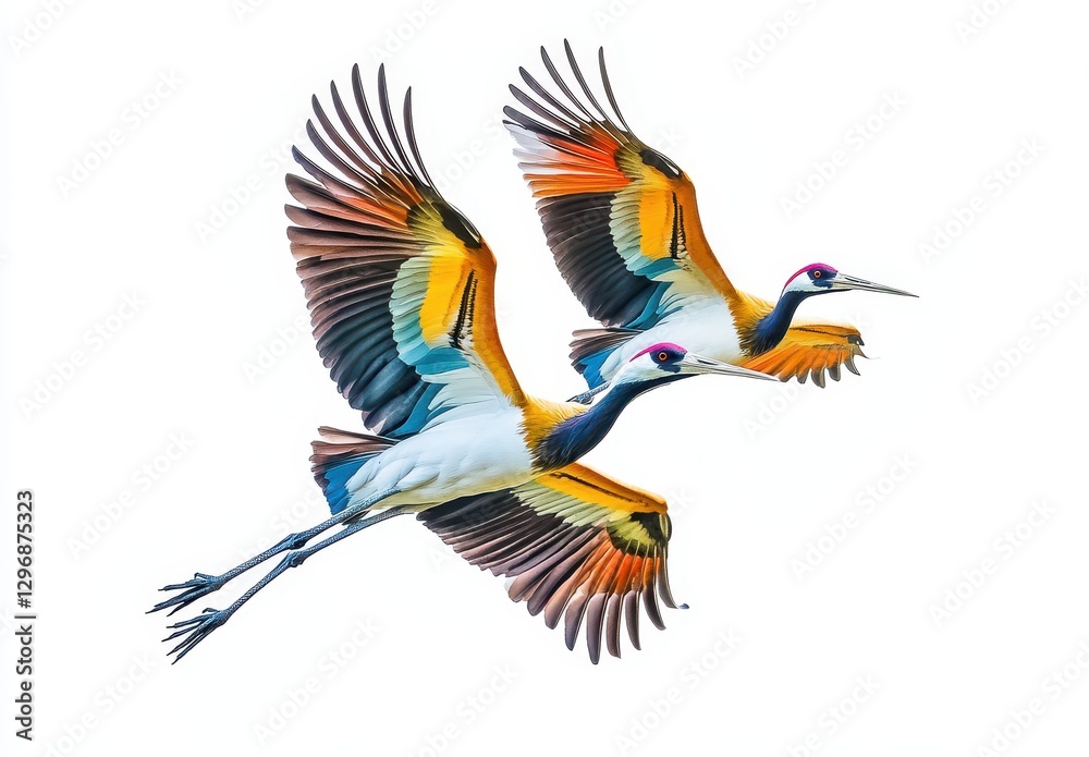 Obraz premium Colorful Cranes in Flight Showcasing Graceful Movement and Elegant Feathers Against a White Background