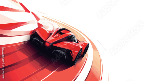 The image showcases a stylized red sports car in motion. The car is depicted in a dynamic pose, cornering sharply on a curved track.  The background is predominantly red with white lines indicating