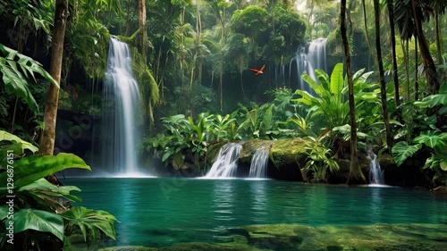Jungle Paradise: Majestic waterfalls cascade into a serene turquoise pool, embraced by vibrant tropical foliage, creating a lush, vibrant, and enchanting oasis.