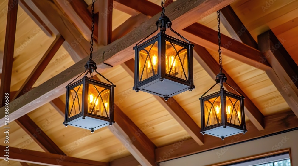 Obraz premium Rustic wooden beam ceiling with hanging lantern-style pendant lights for a cozy atmosphere.