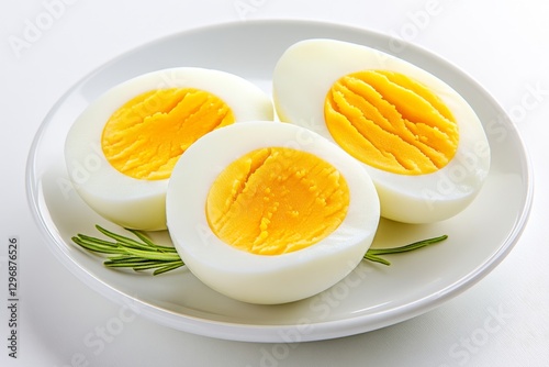 A simple hard-boiled egg sliced in half on a white plate photo