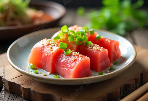 A plate of fresh fish with garnish and sesame seeds photo