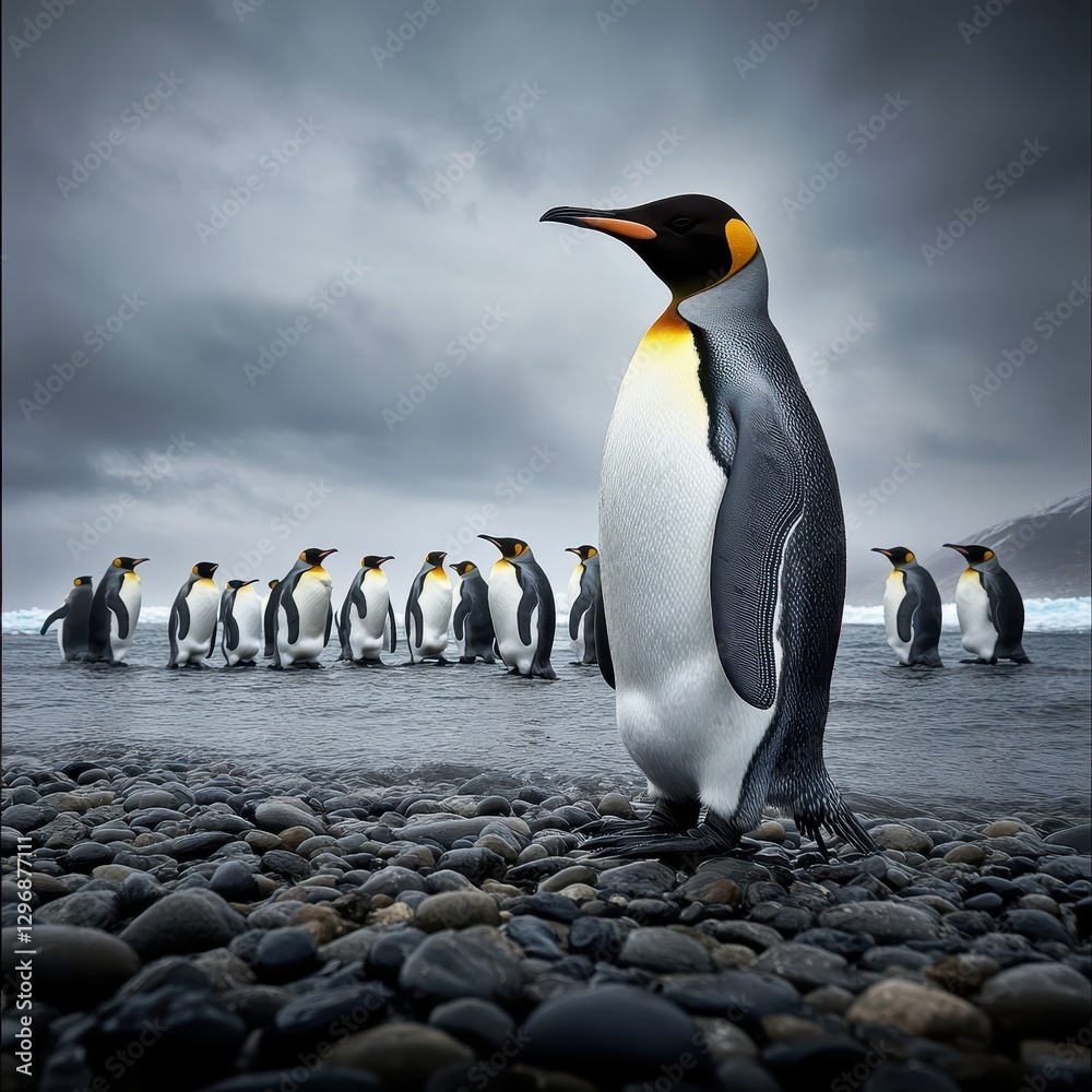 Obraz premium Majestic Group of Emperor Penguins Standing on Rocky Shoreline Under Dramatic Sky with Dark Clouds and Ocean Waves in Background
