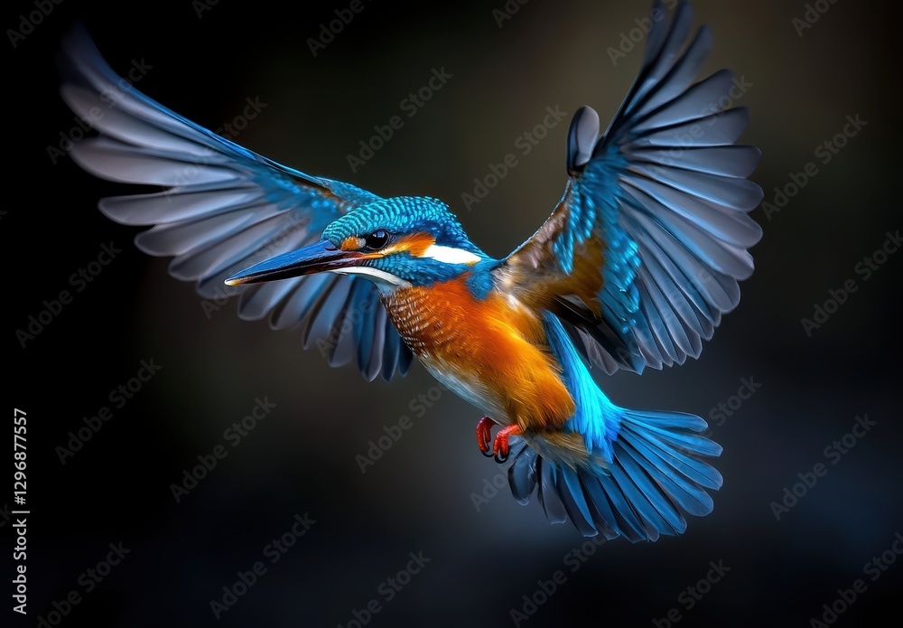 Fototapeta premium Colorful kingfisher in flight showcasing vibrant blue and orange feathers, capturing the essence of wildlife photography and nature's beauty in action
