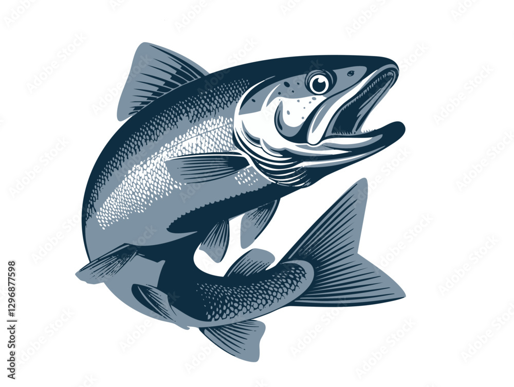 Vector illustration of a leaping fish with water splash, designed in a bold, stylized graphic style with blue tones. Generative by Ai