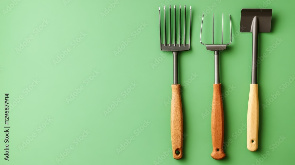 Naklejka premium Set of gardening tools including a trowel, rake, and pruning shears neatly arranged on a bright green background.