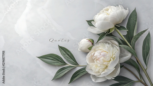 Fresh soft white peony flowers with leaves on light gray table background. Empty place for emotional, sentimental text, quote or sayings. Closeup. Top view.
