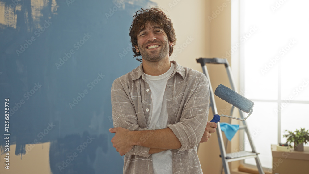 Φωτογραφία Young man with crossed arms smiling in living room during home renovation holding paint roller in stylish apartment with ladder and blue wall in background