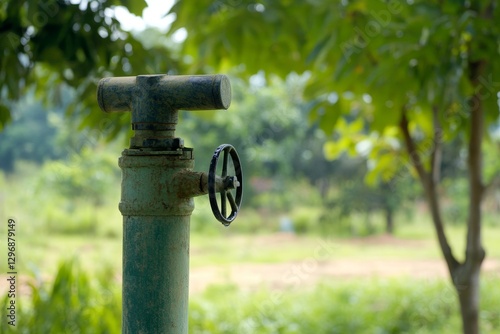Vintage Water Pump with Valve Against a Blurry Green Background