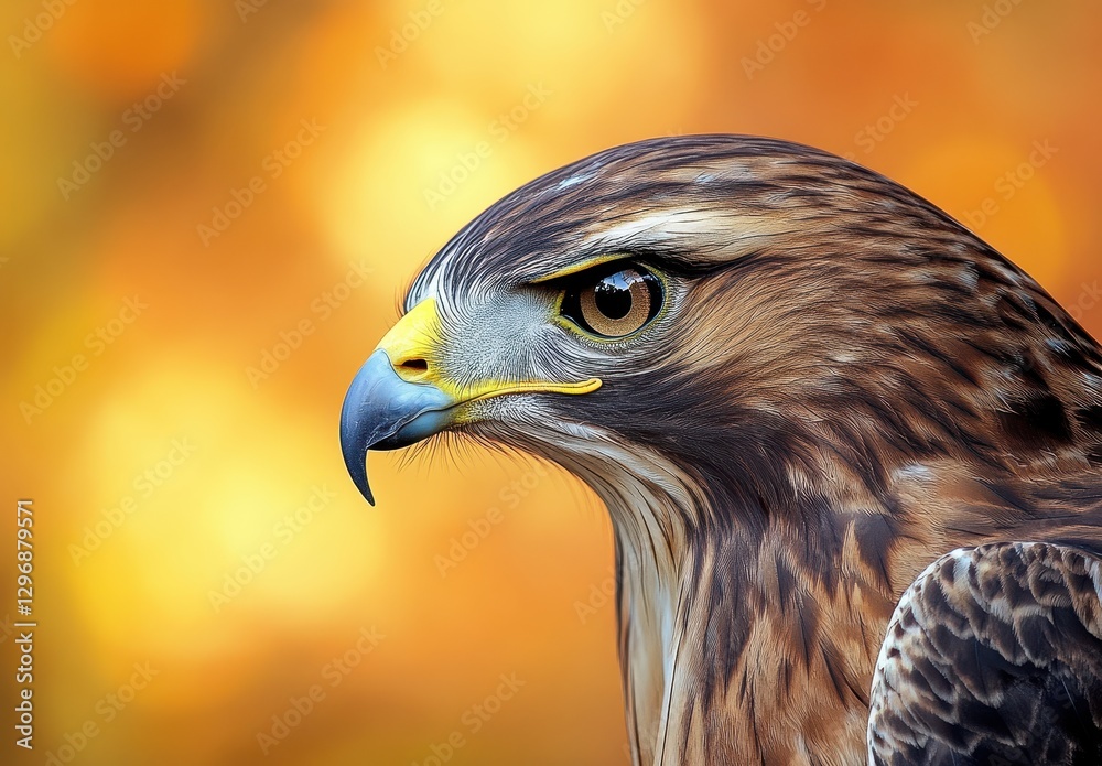 Naklejka premium Majestic hawk with piercing gaze perched against a colorful blurred background showcasing intricate feather details and sharp beak, symbolizing power and freedom.