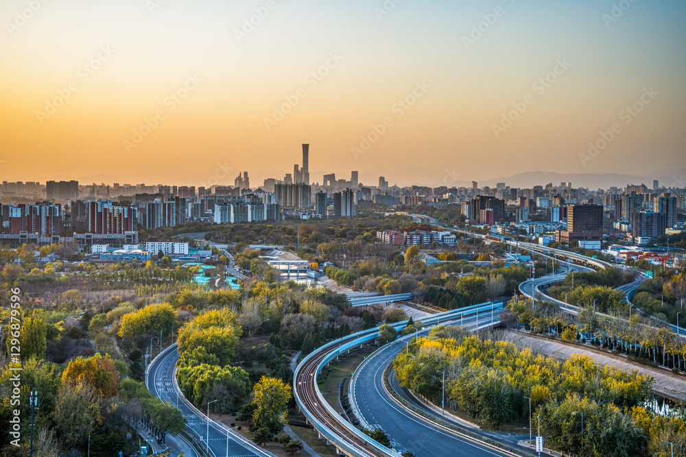 Fototapeta premium The magnificent landscape of the overpass and the city skyline at dusk in Beijing, China