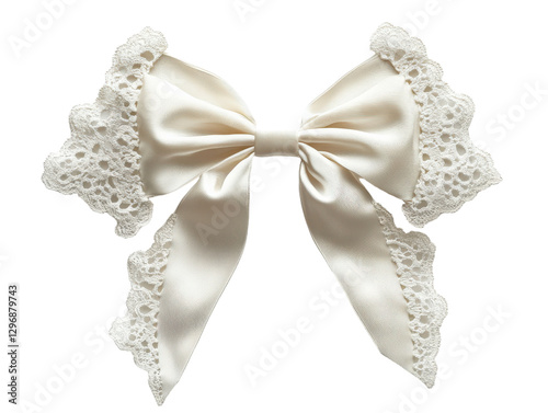 Elegant white satin bow with lace edges, perfect for decorating gifts or fashion accessories.