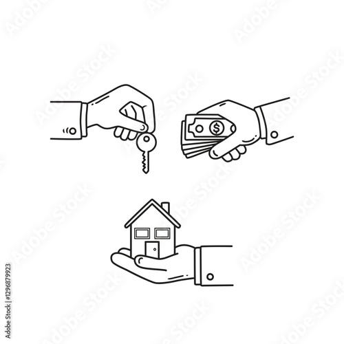 buying and selling property with hand in icon line art style
