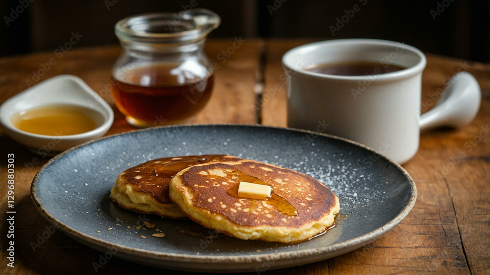 Johnny-cakes on a plate with syrup Johnny-cakes on a plate with syrup