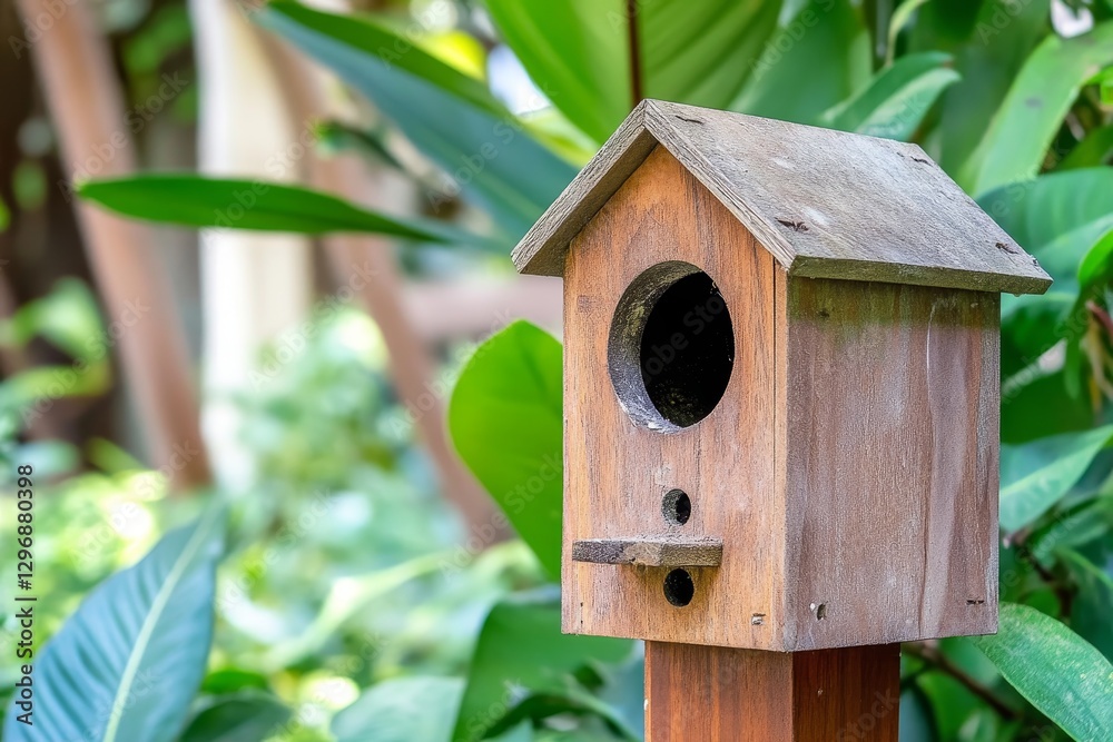 Wooden Birdhouse Surrounded by Lush Green Plants in Nature Garden Wooden Birdhouse Surrounded by Lush Green Plants in Nature Garden