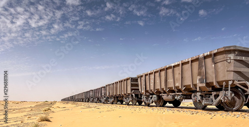 Perspective view of ore wagons on a train in the desert of Mauritania