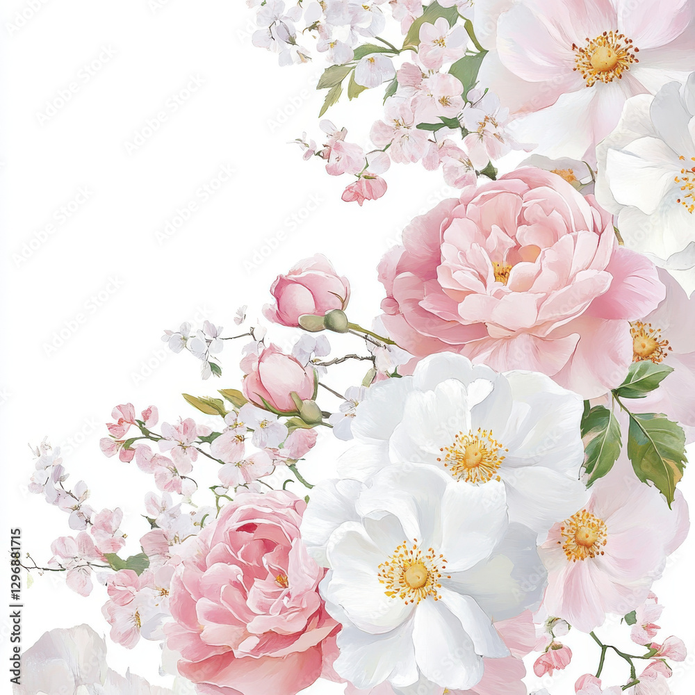 Naklejka premium beautiful floral arrangement featuring pink and white peonies, cherry blossoms, and delicate flowers against white background, evoking sense of tranquility and elegance