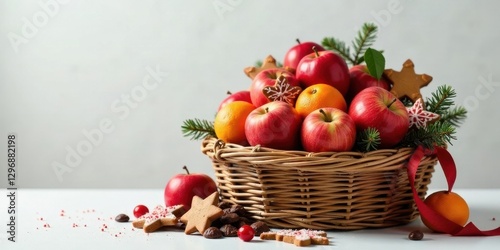 A festive wicker basket brimming with ripe red apples and vibrant oranges, adorned with star-shaped gingerbread cookies and sprigs of evergreen, creating a cheerful holiday arrangement.
