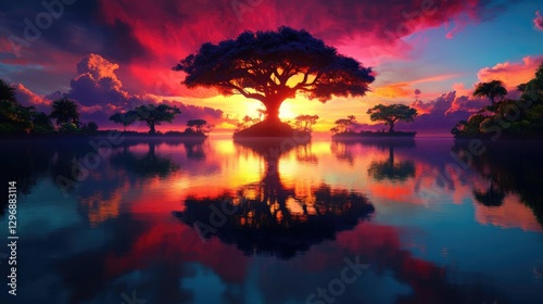 Sunset's Fiery Embrace: Island Tree's Silhouette Reflects in Calm Waters