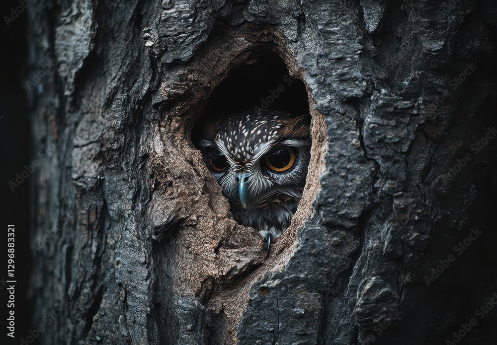 Majestic Owl Observing from Hollow Tree with Intense Eyes and Intricate Feather Patterns in Nature's Wilderness Environment Majestic Owl Observing from Hollow Tree with Intense Eyes and Intricate Feather Patterns in Nature's Wilderness Environment