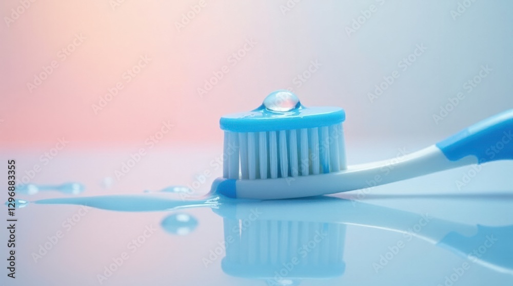 A single drop of refreshing mouthwash gently rests atop a vibrant blue toothbrush head, creating a clean and healthy image for oral care products. A single drop of refreshing mouthwash gently rests atop a vibrant blue toothbrush head, creating a clean and healthy image for oral care products.