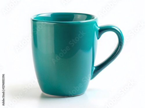 Teal Ceramic Mug, Smooth Finish, Isolated White Background - Stock Photo