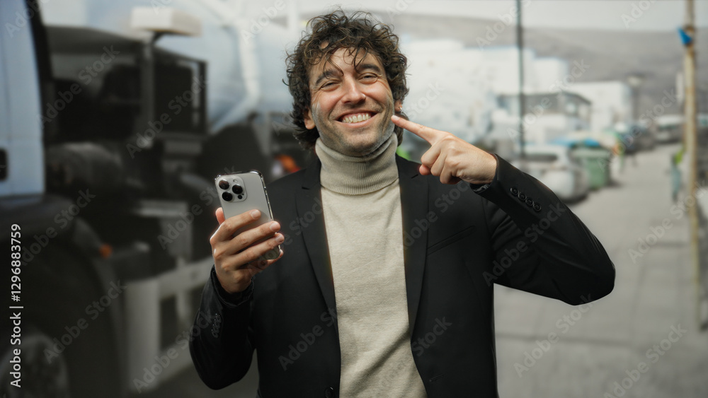 Young hispanic man outdoors on street smiling while pointing at his smile and holding a smartphone in a vibrant city atmosphere. Young hispanic man outdoors on street smiling while pointing at his smile and holding a smartphone in a vibrant city atmosphere.